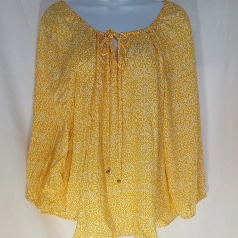 Alice & Trixie Women's Yellow Patterned 3/4 Sleeve Silk Blouse, Size Large